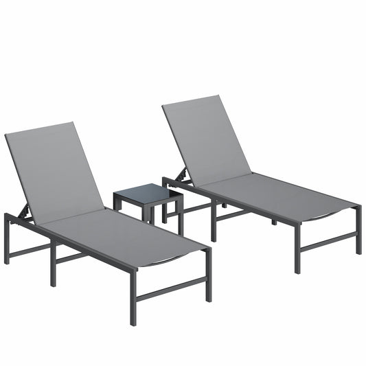 3 Piece Patio Lounge Chair Set, Adjustable Outdoor Chaise Lounge with Heavy-Duty Steel Frame, Weather Resistant Pool Lounge Furniture Set with Side Table for Backyard Beach, 400 LBS Capacity(Gray)