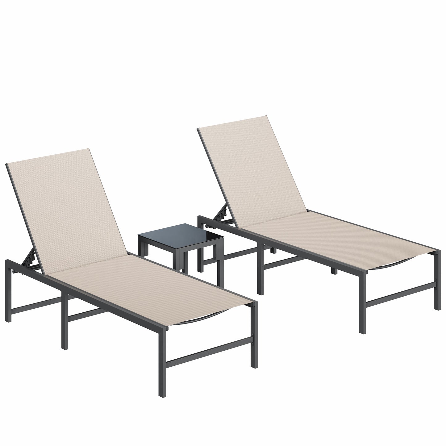3 Piece Patio Lounge Chair Set, Adjustable Outdoor Chaise Lounge with Heavy-Duty Steel Frame, Weather Resistant Pool Lounge Furniture Set with Side Table for Backyard Beach, 400 LBS Capacity(Khaki)
