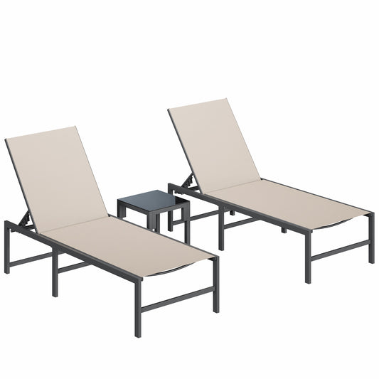 3 Piece Patio Lounge Chair Set, Adjustable Outdoor Chaise Lounge with Heavy-Duty Steel Frame, Weather Resistant Pool Lounge Furniture Set with Side Table for Backyard Beach, 400 LBS Capacity(Khaki)