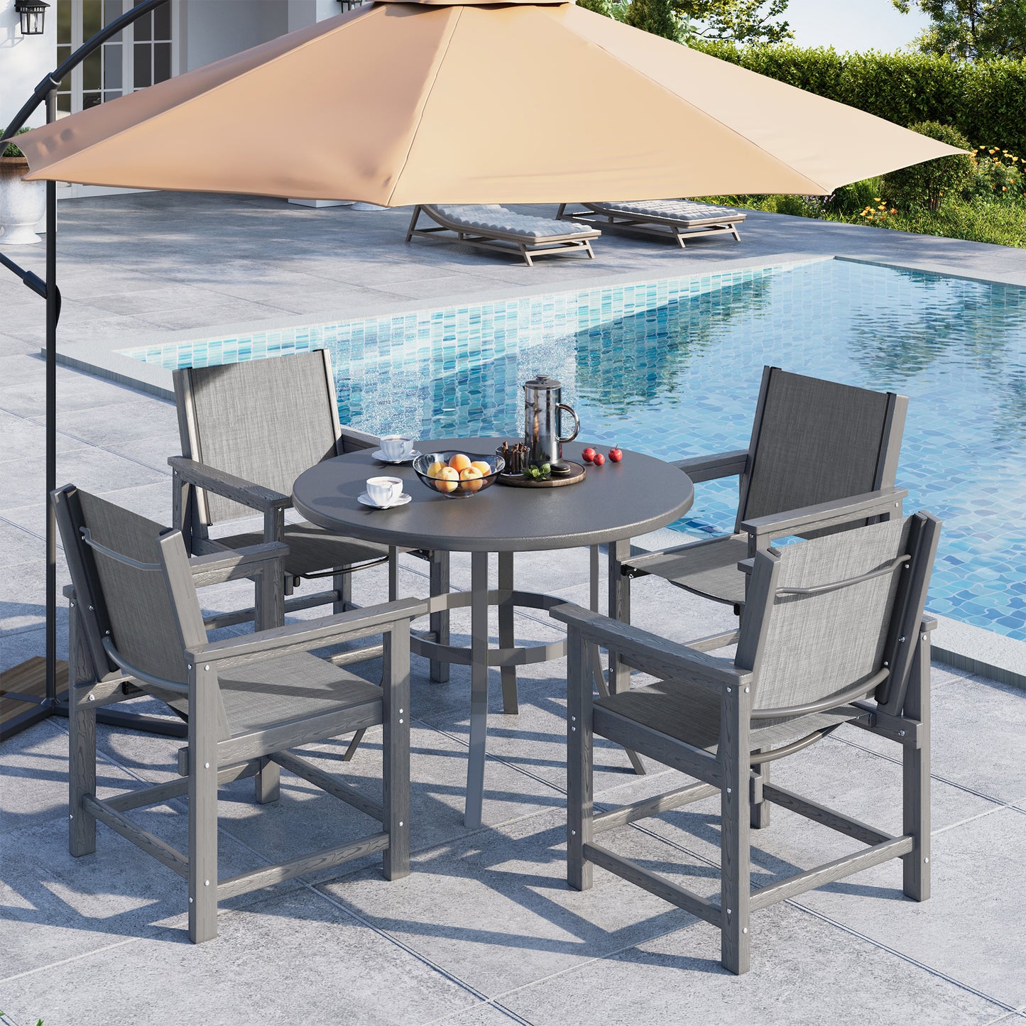 Amopatio Outdoor HDPE Dining Chairs Set of 4 All-Weather Patio Chairs with Textilene Backrest Heavy Duty for Porch Backyard Deck Lawn Garden, Gray