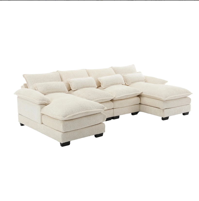 Gelloan 110.63" U Shaped Couch, 4 Seat Sectional with 4 Throw Pillows, High Dense Memory Foam with Double Chaise Lounge &Living Room Couch,Beige