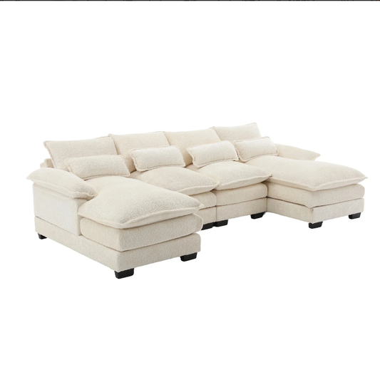 Gelloan 110.63" U Shaped Couch, 4 Seat Sectional with 4 Throw Pillows, High Dense Memory Foam with Double Chaise Lounge &Living Room Couch,Beige