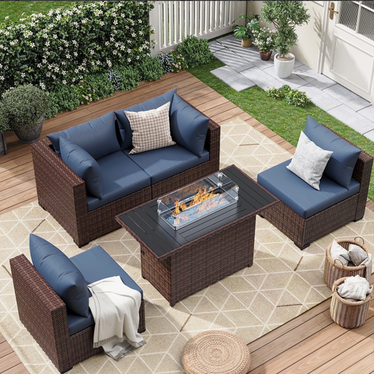 ELPOSUN 5 Pieces Patio Furniture Set All Weather Outdoor Sectional Sofa, Outdoor Modern Sectional Furniture Wicker Couch with Fire Pit Table, Thicken Navy Blue Cushions, Water Resistant
