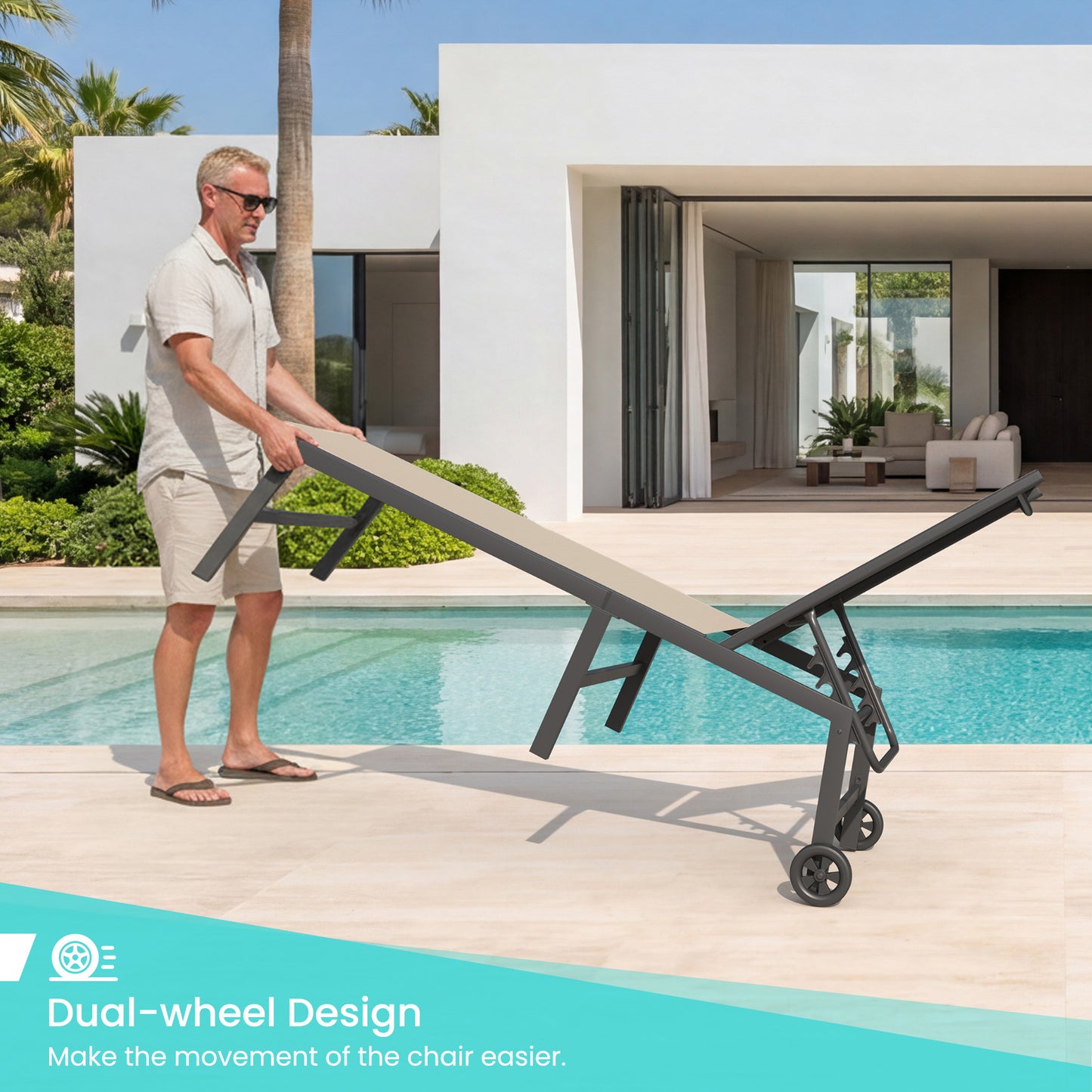 3 Piece Patio Lounge Chairs Set, 2 Pool Chaise Lounges with Wheels & Side Table, 5-Position Adjustable Lounge Furniture with Heavy-Duty Steel Frame for Backyard Poolside,400 LBS Capacity, Khaki