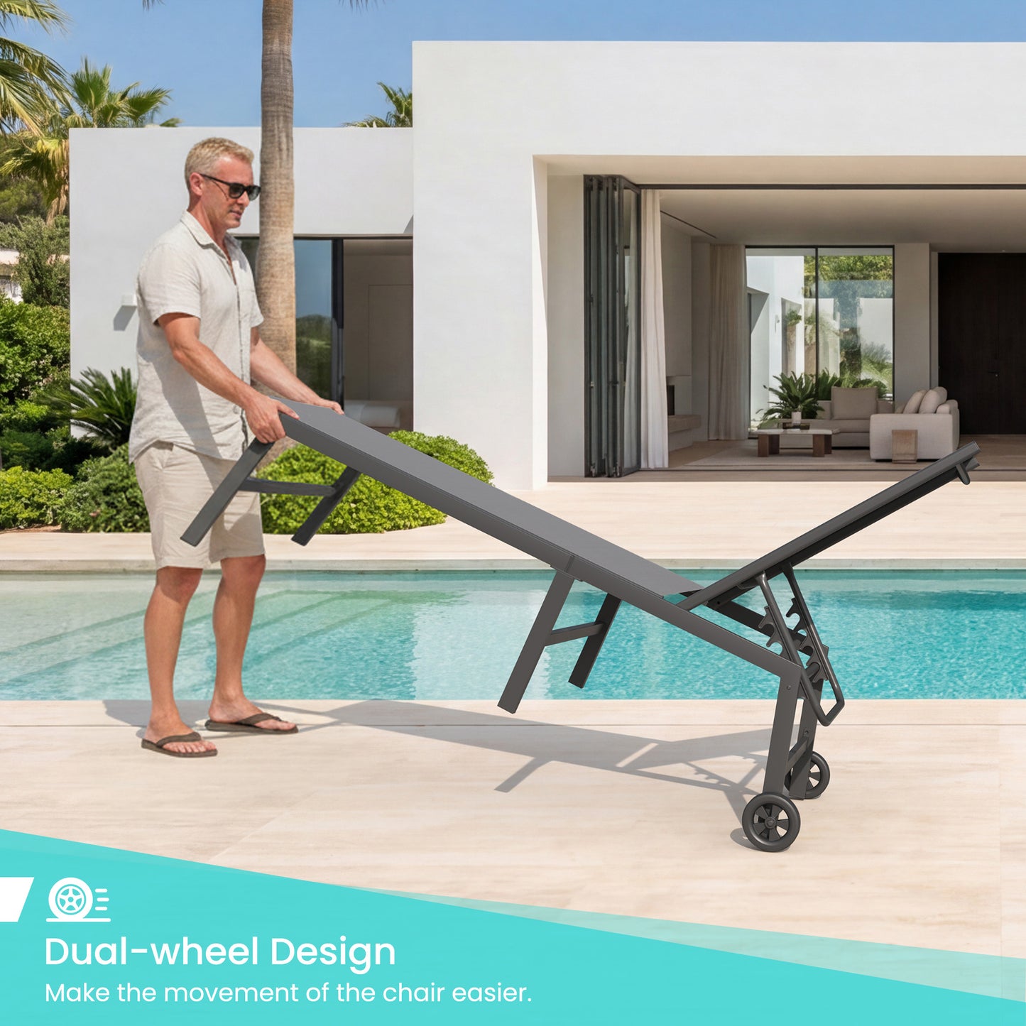 3 Piece Patio Lounge Chairs Set, 2 Pool Chaise Lounges with Wheels & Side Table, 5-Position Adjustable Lounge Furniture with Heavy-Duty Steel Frame for Backyard Poolside,400 LBS Capacity, Gray