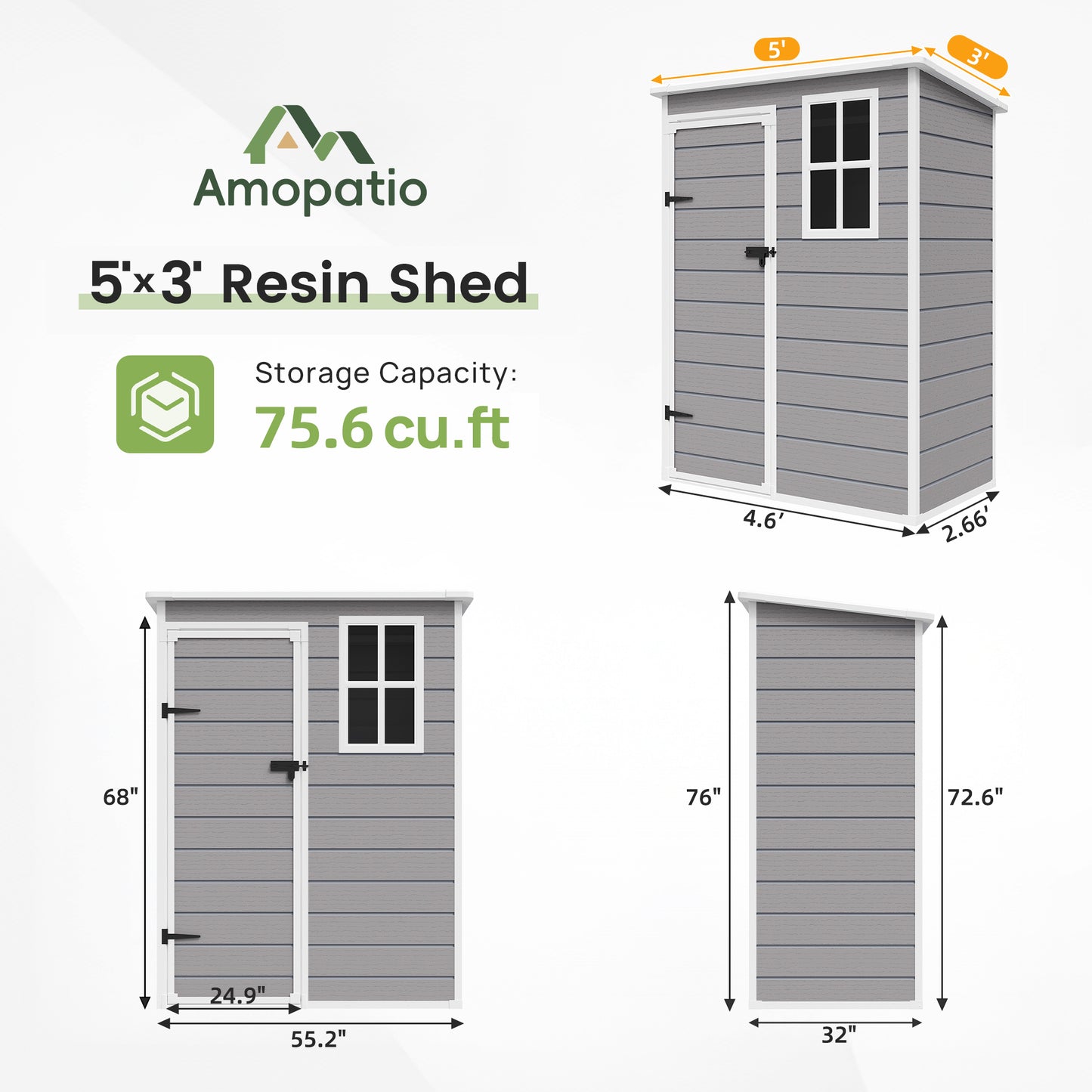 Amopatio Outdoor Storage Shed with Floor,5x3 FT Lockable Plastic Tool Shed with Ventilation,Waterproof Resin Garden Sheds for Backyard,Patio,Lawn and Bike Grey