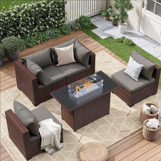 ELPOSUN 5 Pieces Patio Furniture Set All Weather Outdoor Sectional Sofa, Outdoor Modern Sectional Furniture Wicker Couch with Fire Pit Table, Thicken Gray Cushions, Water Resistant