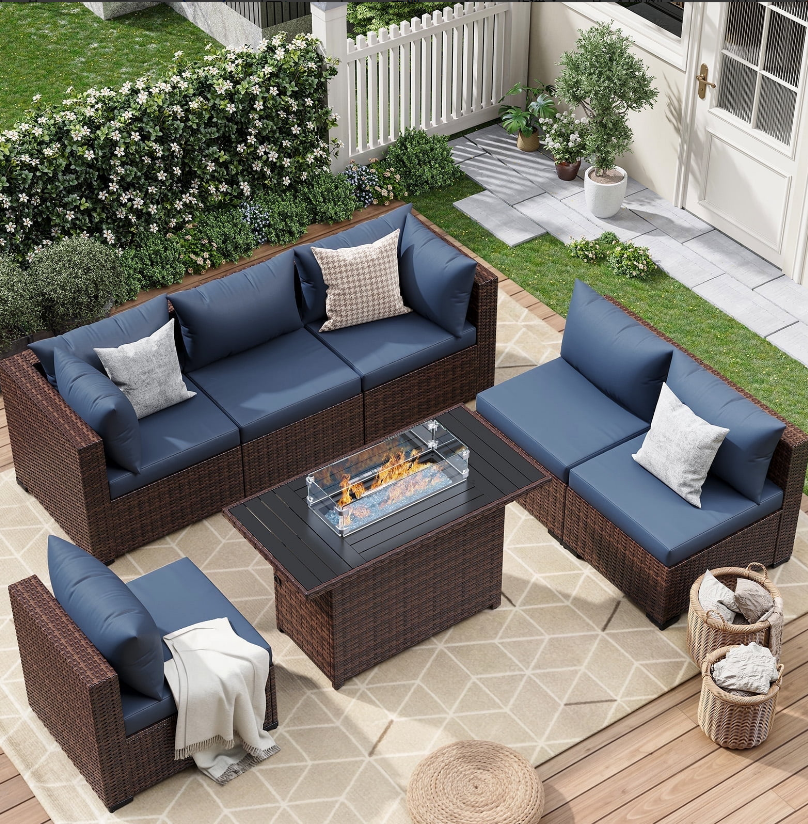 ELPOSUN 7 Pieces Patio Furniture Set All Weather Outdoor Sectional Sofa, Outdoor Modern Sectional Furniture Wicker Couch with Fire Pit Table, Thicken Navy Blue Cushions, Water Resistant