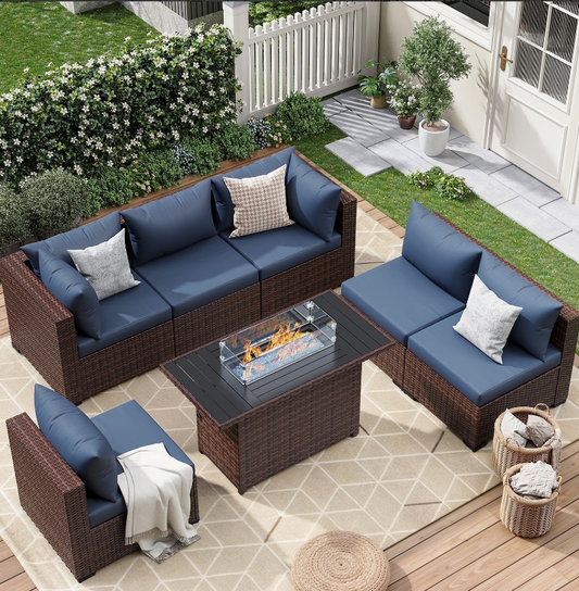 ELPOSUN 7 Pieces Patio Furniture Set All Weather Outdoor Sectional Sofa, Outdoor Modern Sectional Furniture Wicker Couch with Fire Pit Table, Thicken Navy Blue Cushions, Water Resistant