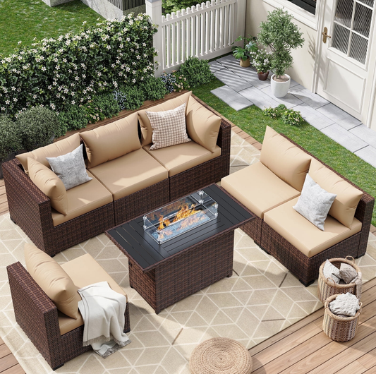 ELPOSUN 7 Pieces Patio Furniture Set All Weather Outdoor Sectional Sofa, Outdoor Modern Sectional Furniture Wicker Couch with Fire Pit Table, Thicken Beige Cushions, Water Resistant