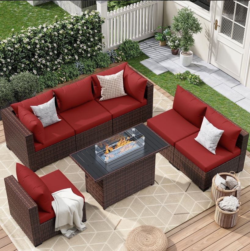 ELPOSUN 7 Pieces Patio Furniture Set All Weather Outdoor Sectional Sofa, Outdoor Modern Sectional Furniture Wicker Couch with Fire Pit Table, Thicken Red Cushions, Water Resistant