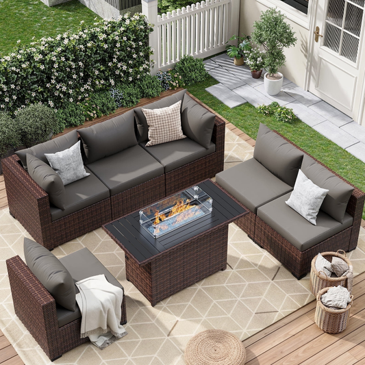 ELPOSUN 7 Pieces Patio Furniture Set All Weather Outdoor Sectional Sofa, Outdoor Modern Sectional Furniture Wicker Couch with Fire Pit Table, Thicken Gray Cushions, Water Resistant