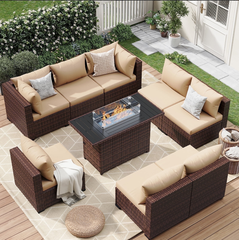 ELPOSUN 9 Pieces Patio Furniture Set All Weather Outdoor Sectional Sofa, Outdoor Modern Sectional Furniture Wicker Couch with Fire Pit Table, Thicken Khaki Cushions, Water Resistant