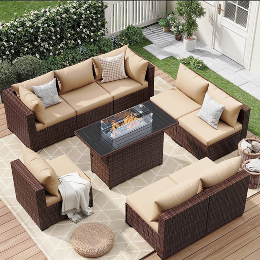 ELPOSUN 9 Pieces Patio Furniture Set All Weather Outdoor Sectional Sofa, Outdoor Modern Sectional Furniture Wicker Couch with Fire Pit Table, Thicken Khaki Cushions, Water Resistant