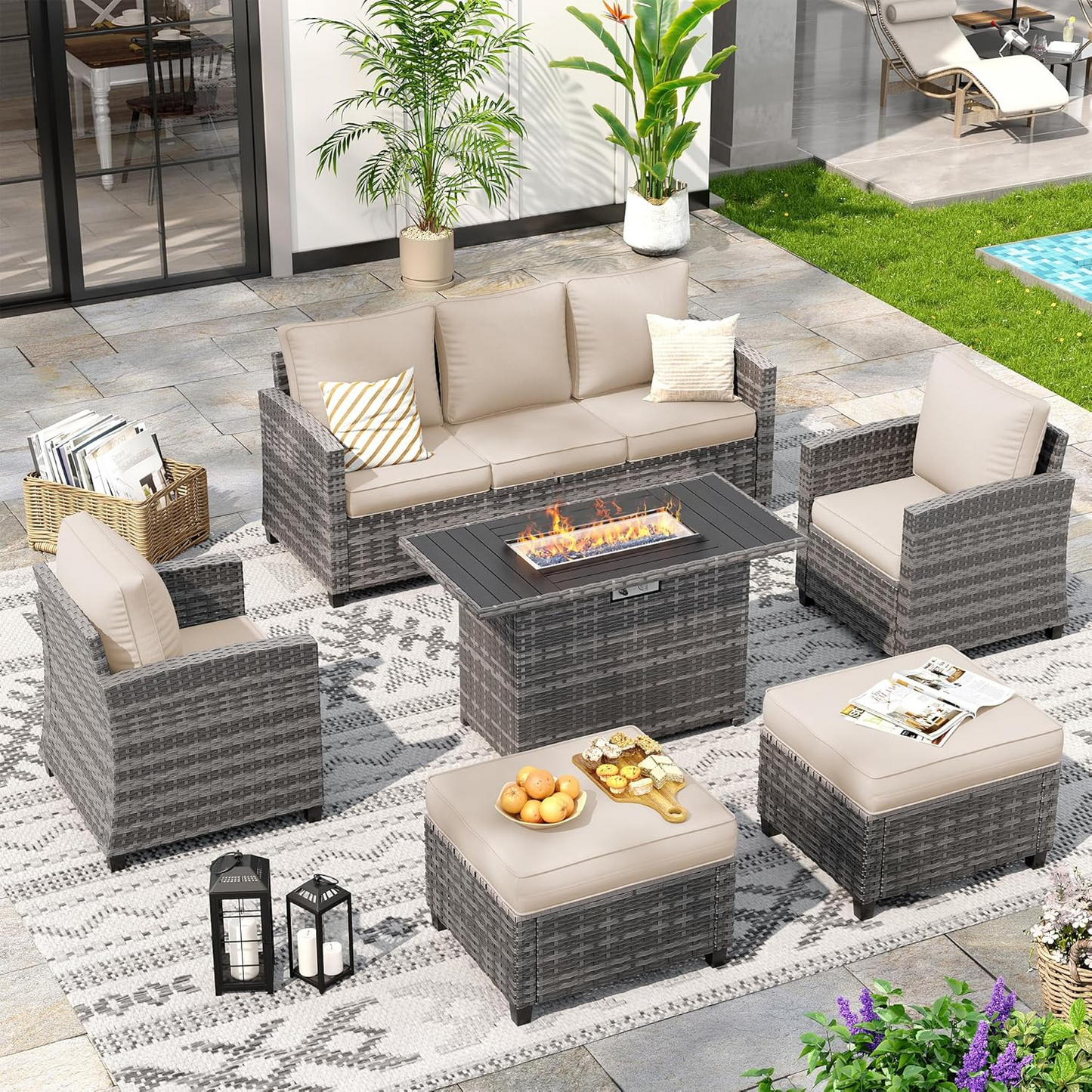 6 Pcs Patio Furniture Set with 44" Propane Gas Fire Pit Table, Rattan Outdoor Couch with Ottomans, 4" Thick Cushions for Backyard Garden Deck,Khaki