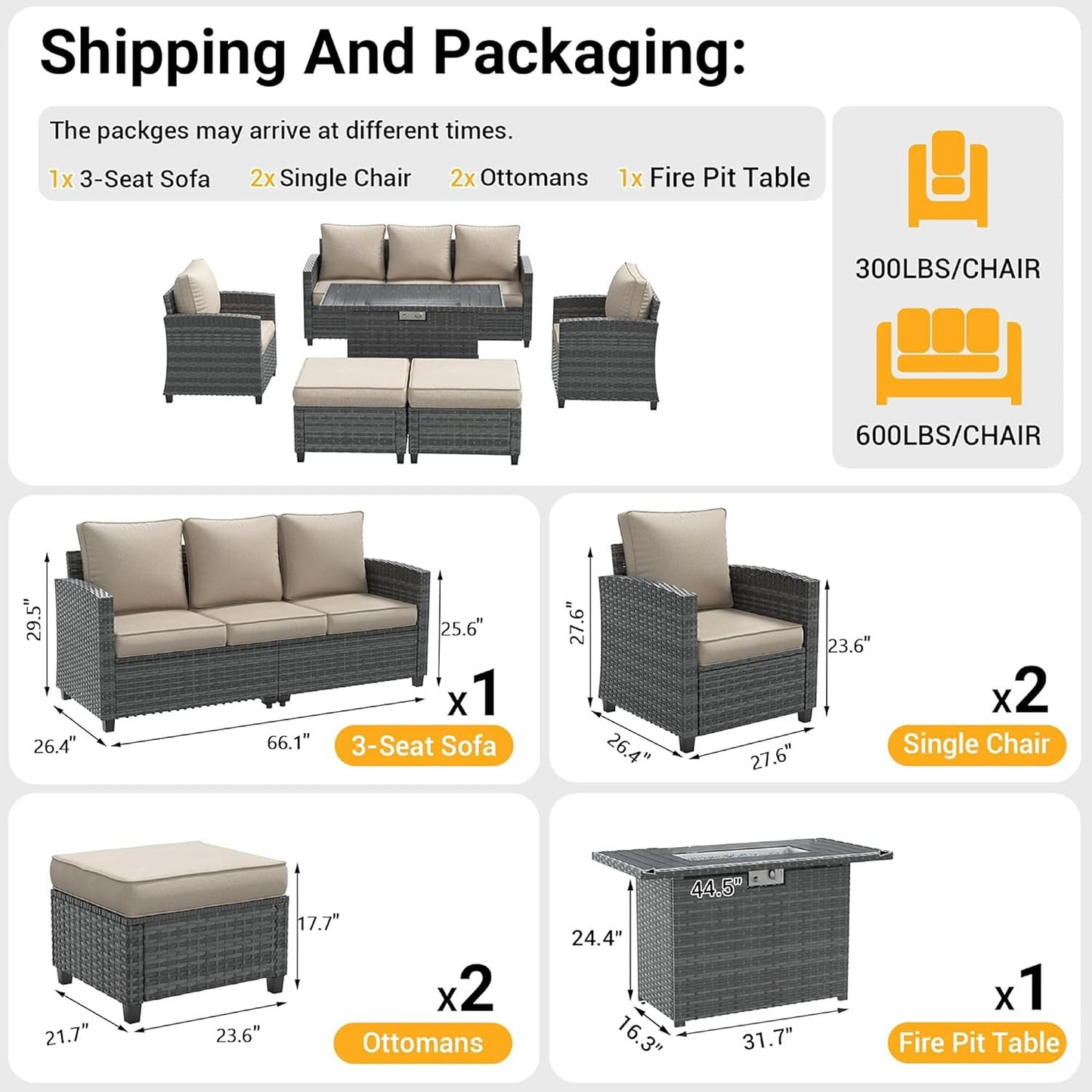6 Pcs Patio Furniture Set with 44" Propane Gas Fire Pit Table, Rattan Outdoor Couch with Ottomans, 4" Thick Cushions for Backyard Garden Deck,Khaki