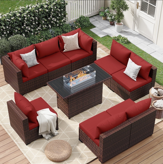 ELPOSUN 9 Pieces Patio Furniture Set All Weather Outdoor Sectional Sofa, Outdoor Modern Sectional Furniture Wicker Couch with Fire Pit Table, Thicken Wine Red Cushions, Water Resistant