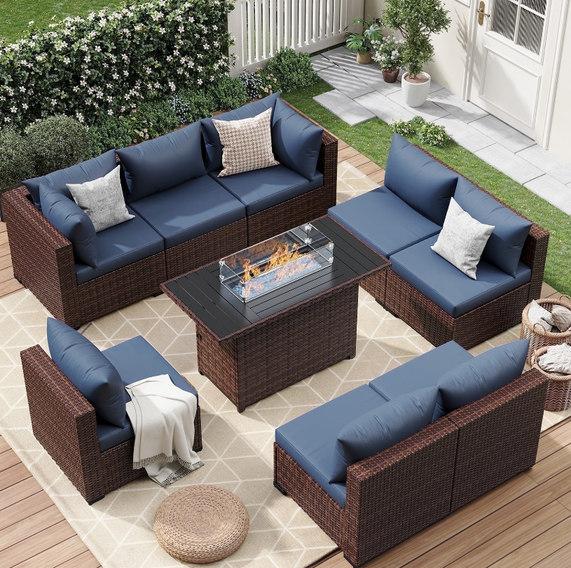 ELPOSUN 9 Pieces Patio Furniture Set All Weather Outdoor Sectional Sofa, Outdoor Modern Sectional Furniture Wicker Couch with Fire Pit Table, Thicken Navy Blue Cushions, Water Resistant