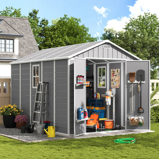 Amopatio Outdoor Storage Shed with Floor,8x10 FT Lockable Plastic Tool Shed with Ventilation,Waterproof Resin Garden Sheds for Backyard,Patio,Lawn and Bike Grey
