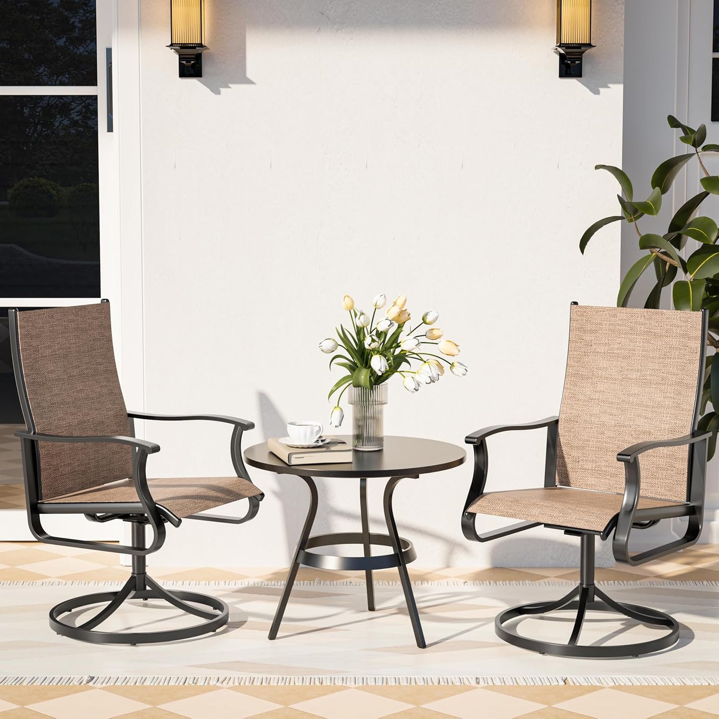 Amopatio Outdoor Patio Swivel Dining Chairs Set of 2, 360° Swivel Outdoor Chairs, All Weather Outdoor Swivel Chairs with Textilene Mesh and Rust-Proof Steel Frame, for Backyard, Garden & Porch,Brown