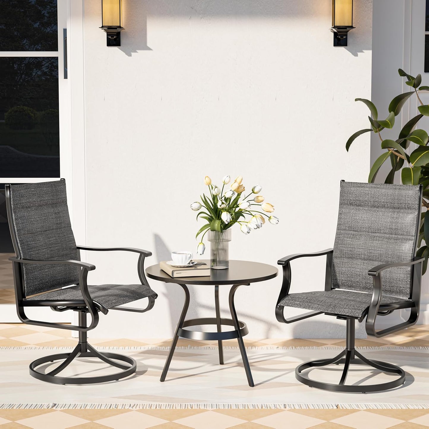 Amopatio Outdoor Patio Swivel Dining Chairs Set of 2, 360° Swivel Patio Chairs, All Weather Outdoor Swivel Chairs with Textilene Mesh and Rust-Proof Steel Frame, for Backyard & Porch, Dark Gray