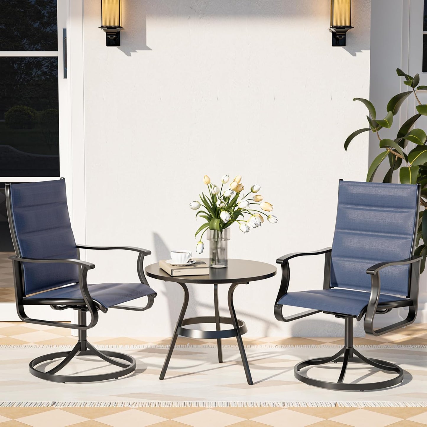 Amopatio Outdoor Patio Swivel Dining Chairs Set of 2, 360° Swivel Patio Chairs, All Weather Outdoor Swivel Chairs with Textilene Mesh and Rust-Proof Steel Frame, for Backyard & Porch, Navy Blue