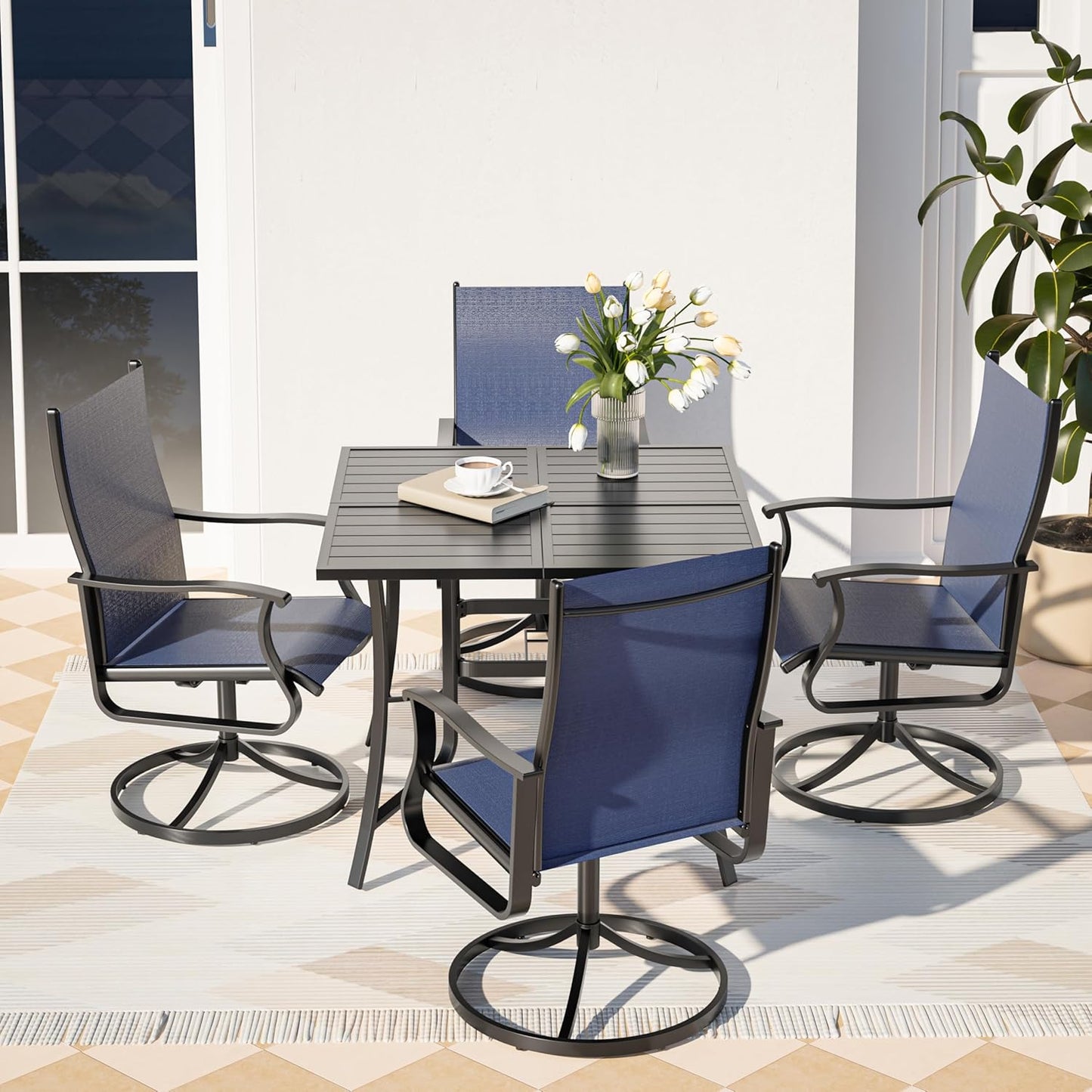 Amopatio Outdoor Patio Swivel Dining Chairs Set of 4, 360° Swivel Outdoor Chairs, All Weather Outdoor Swivel Chairs with Textilene Mesh and Rust-Proof Steel Frame, for Backyard & Porch, Navy Blue