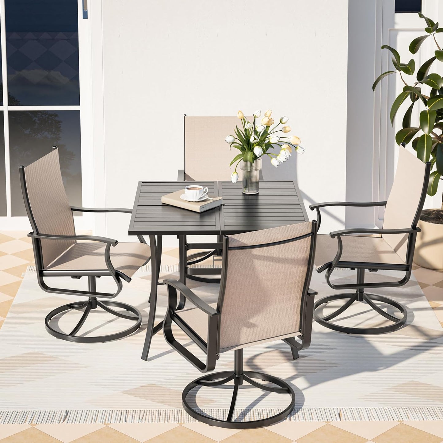 Amopatio Outdoor Patio Swivel Dining Chairs Set of 4, 360° Swivel Outdoor Chairs, All Weather Outdoor Swivel Chairs with Textilene Mesh and Rust-Proof Steel Frame, for Backyard, Garden & Porch, Beige