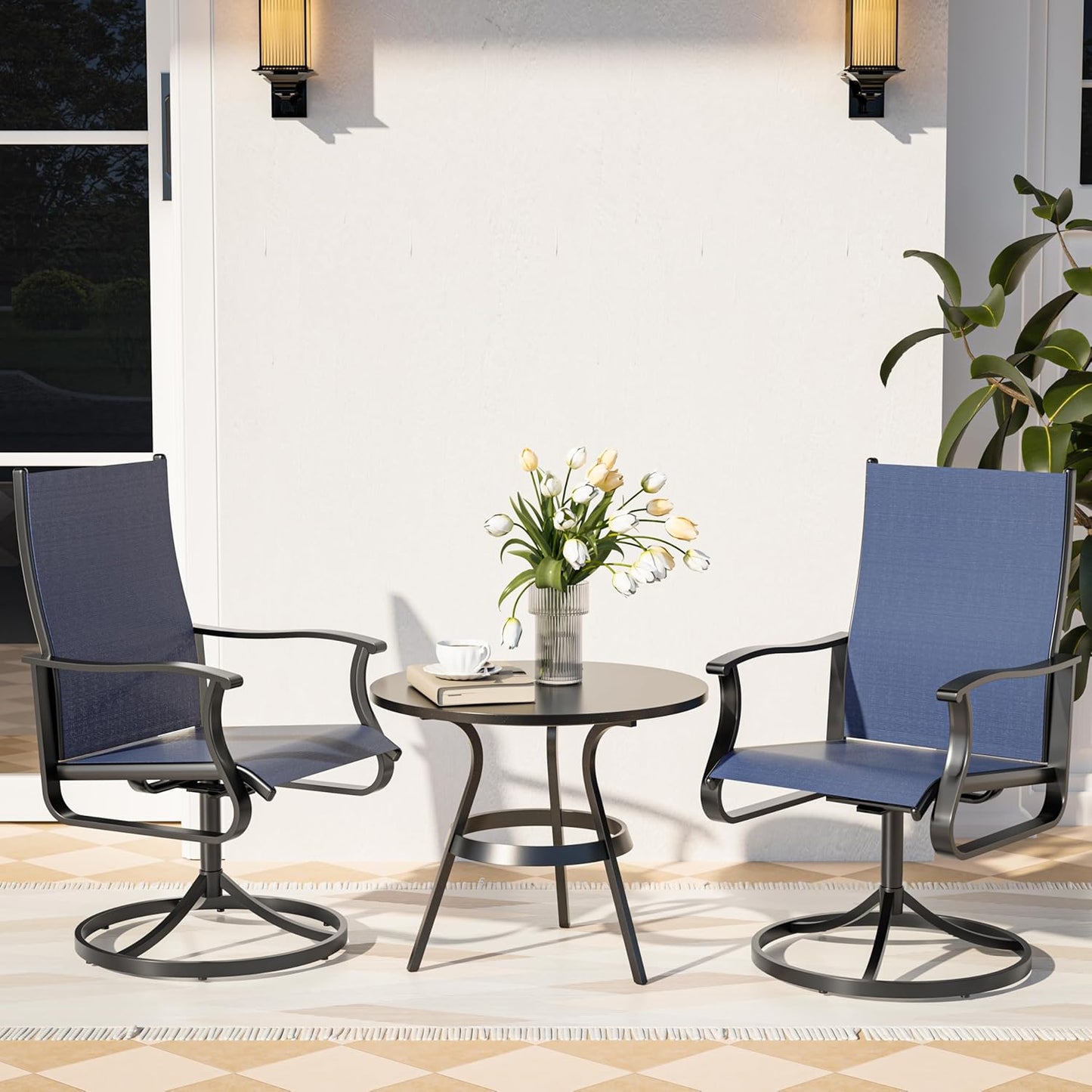 Amopatio Outdoor Patio Swivel Dining Chairs Set of 2, 360° Swivel Outdoor Chairs, All Weather Outdoor Swivel Chairs with Textilene Mesh and Rust-Proof Steel Frame, for Backyard & Porch, Navy Blue