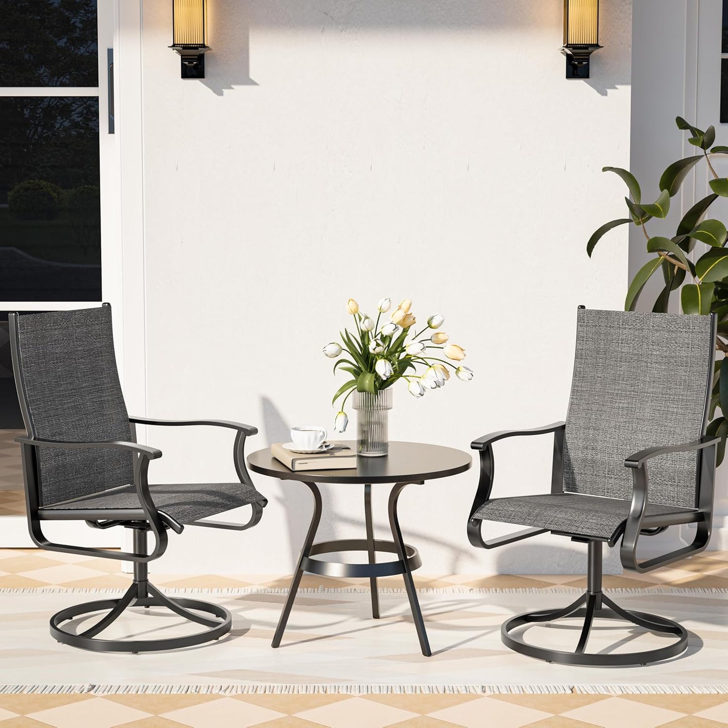 Amopatio Outdoor Patio Swivel Dining Chairs Set of 2, 360° Swivel Outdoor Chairs, All Weather Outdoor Swivel Chairs with Textilene Mesh and Rust-Proof Steel Frame, for Backyard, Porch, Dark Gray