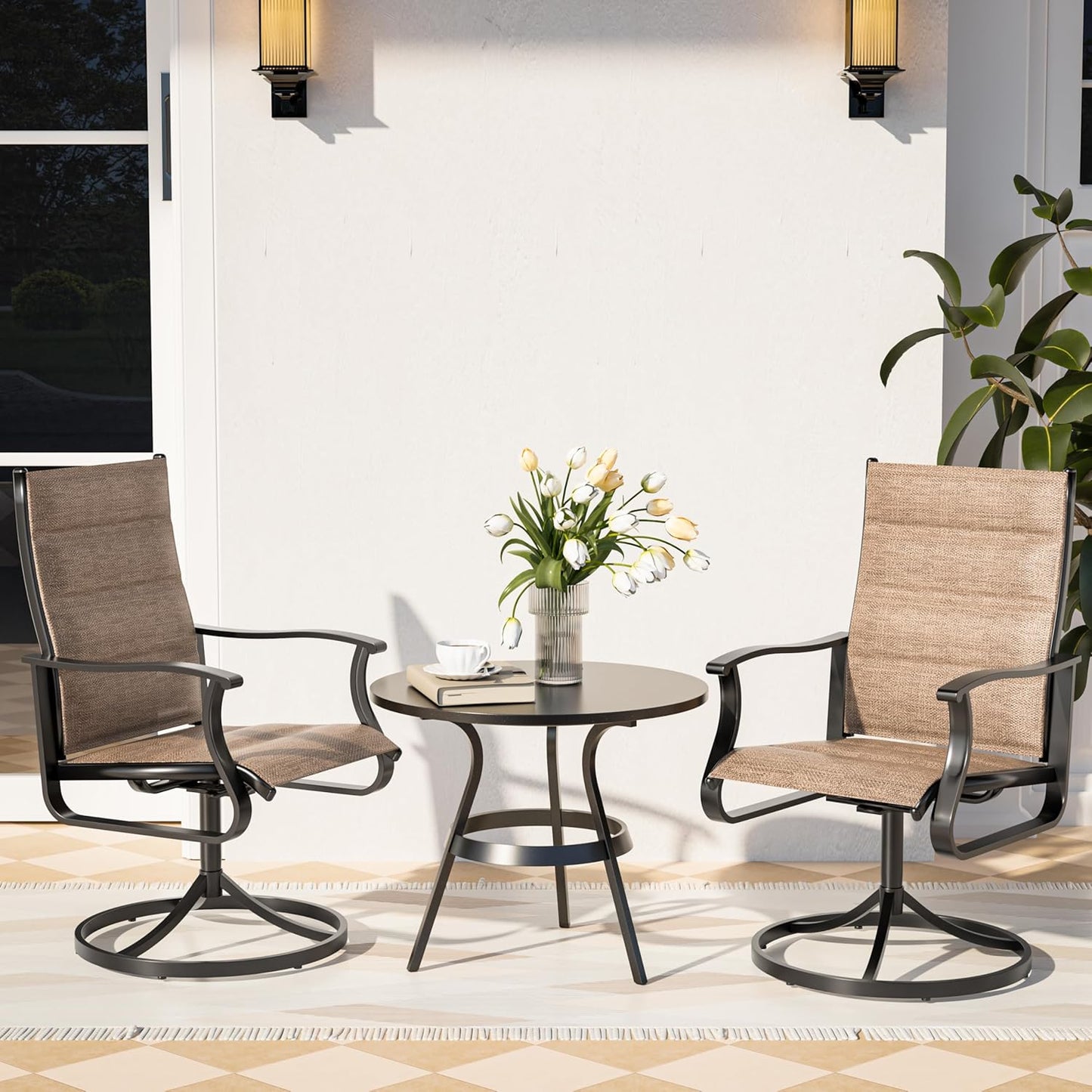 Amopatio Outdoor Patio Swivel Dining Chairs Set of 2, 360° Swivel Patio Chairs, All Weather Outdoor Swivel Chairs with Textilene Mesh and Rust-Proof Steel Frame, for Backyard & Porch, Brown