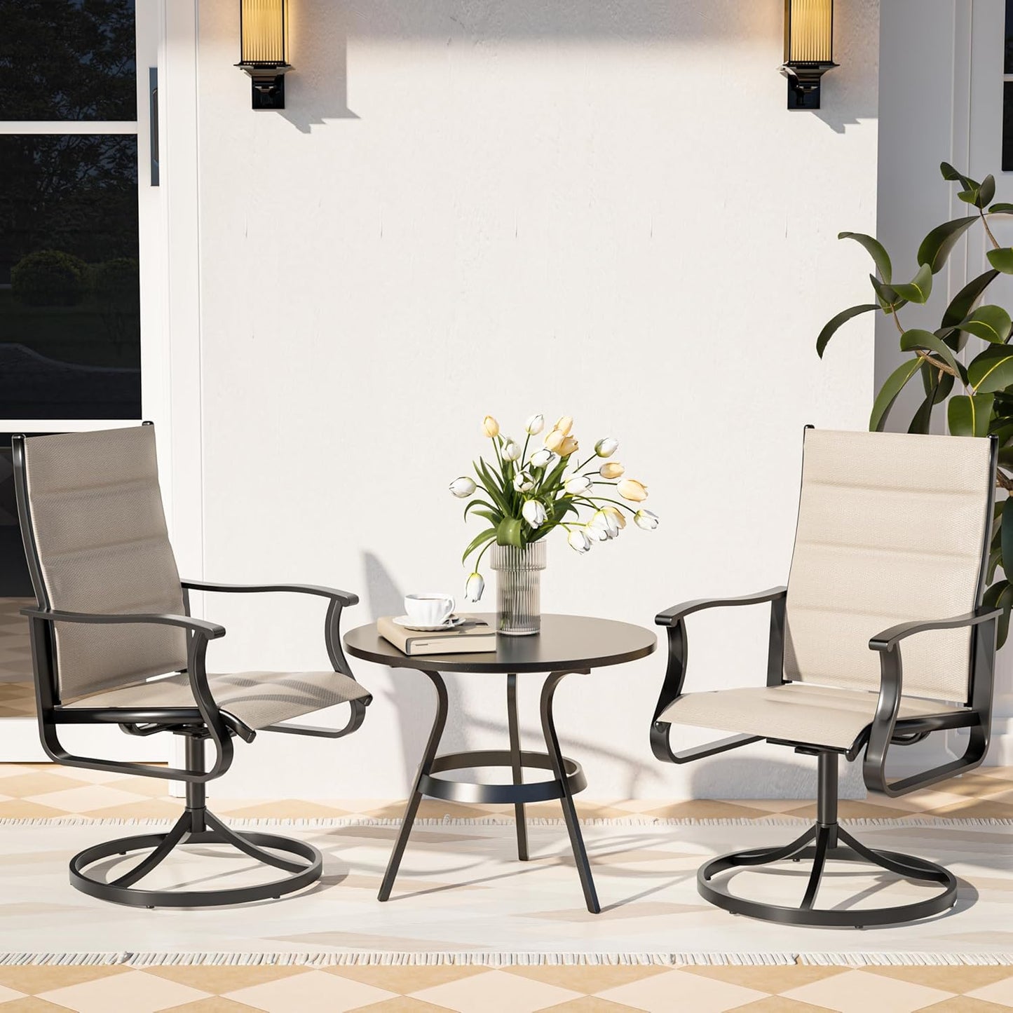 Amopatio Outdoor Patio Swivel Dining Chairs Set of 2, 360° Swivel Patio Chairs, All Weather Outdoor Swivel Chairs with Textilene Mesh and Rust-Proof Steel Frame, for Backyard & Porch, Beige