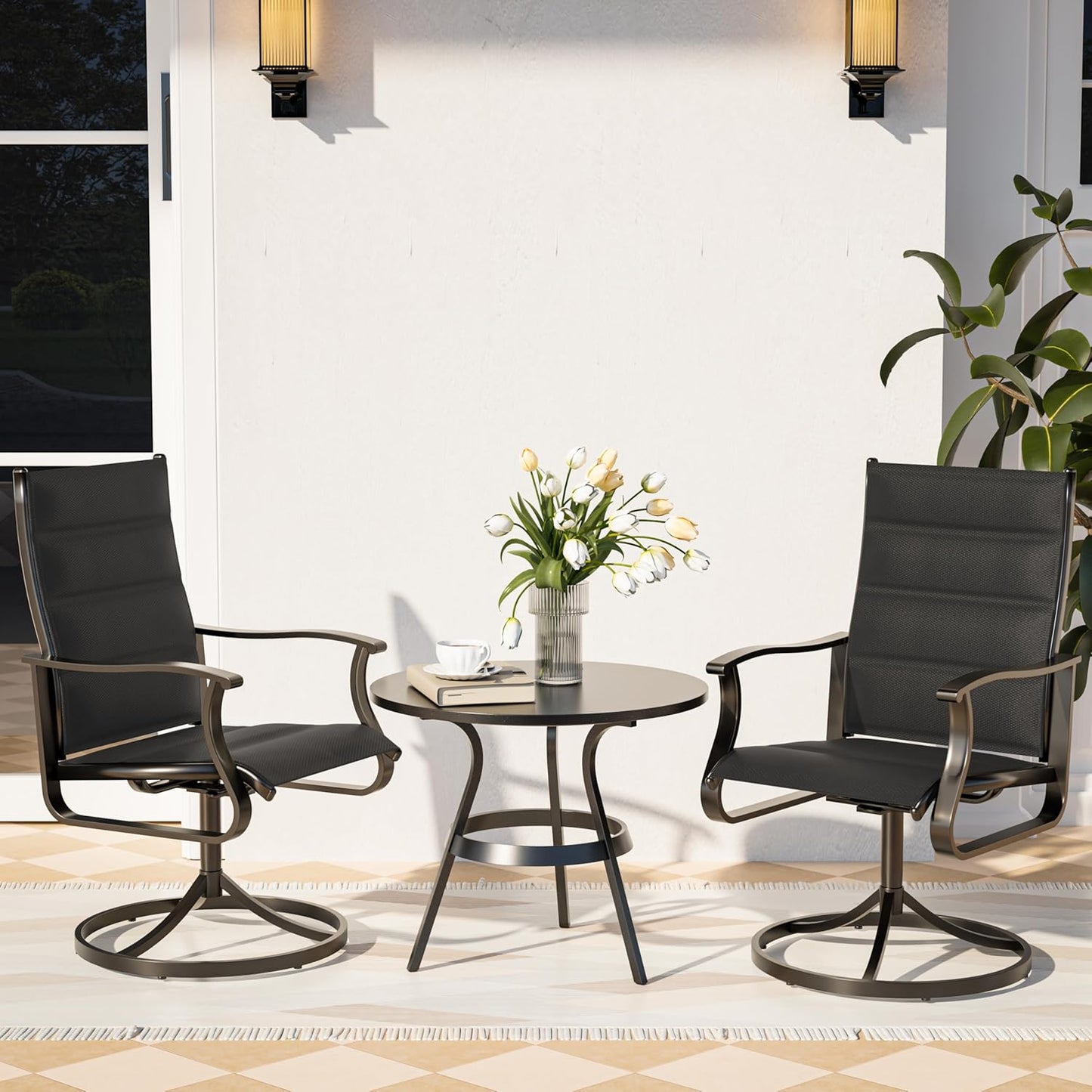 Amopatio Outdoor Patio Swivel Dining Chairs Set of 2, 360° Swivel Patio Chairs, All Weather Outdoor Swivel Chairs with Textilene Mesh and Rust-Proof Steel Frame, for Backyard & Porch, Black