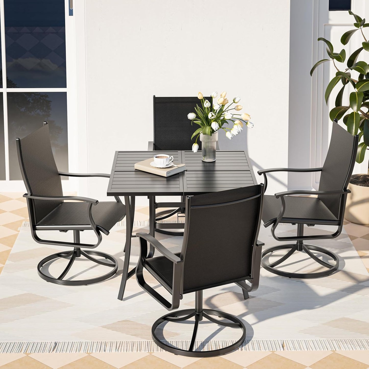 Amopatio Outdoor Patio Swivel Dining Chairs Set of 4, 360° Swivel Outdoor Chairs, All Weather Outdoor Swivel Chairs with Textilene Mesh and Rust-Proof Steel Frame, for Backyard, Garden & Porch, Black