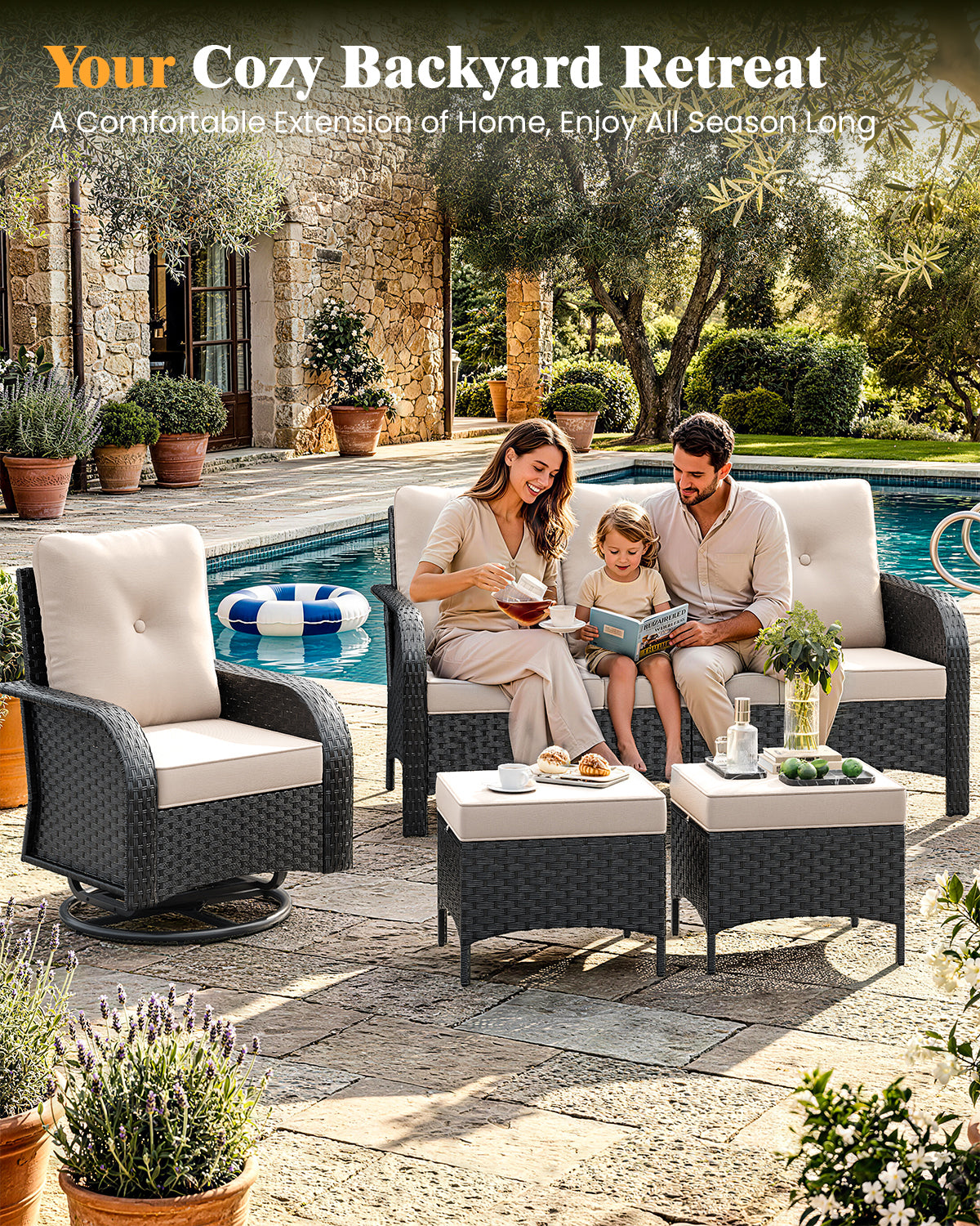 Amopatio 6 Pieces Outdoor Patio Furniture Set, Wicker Swivel Rocker Chairs Sets