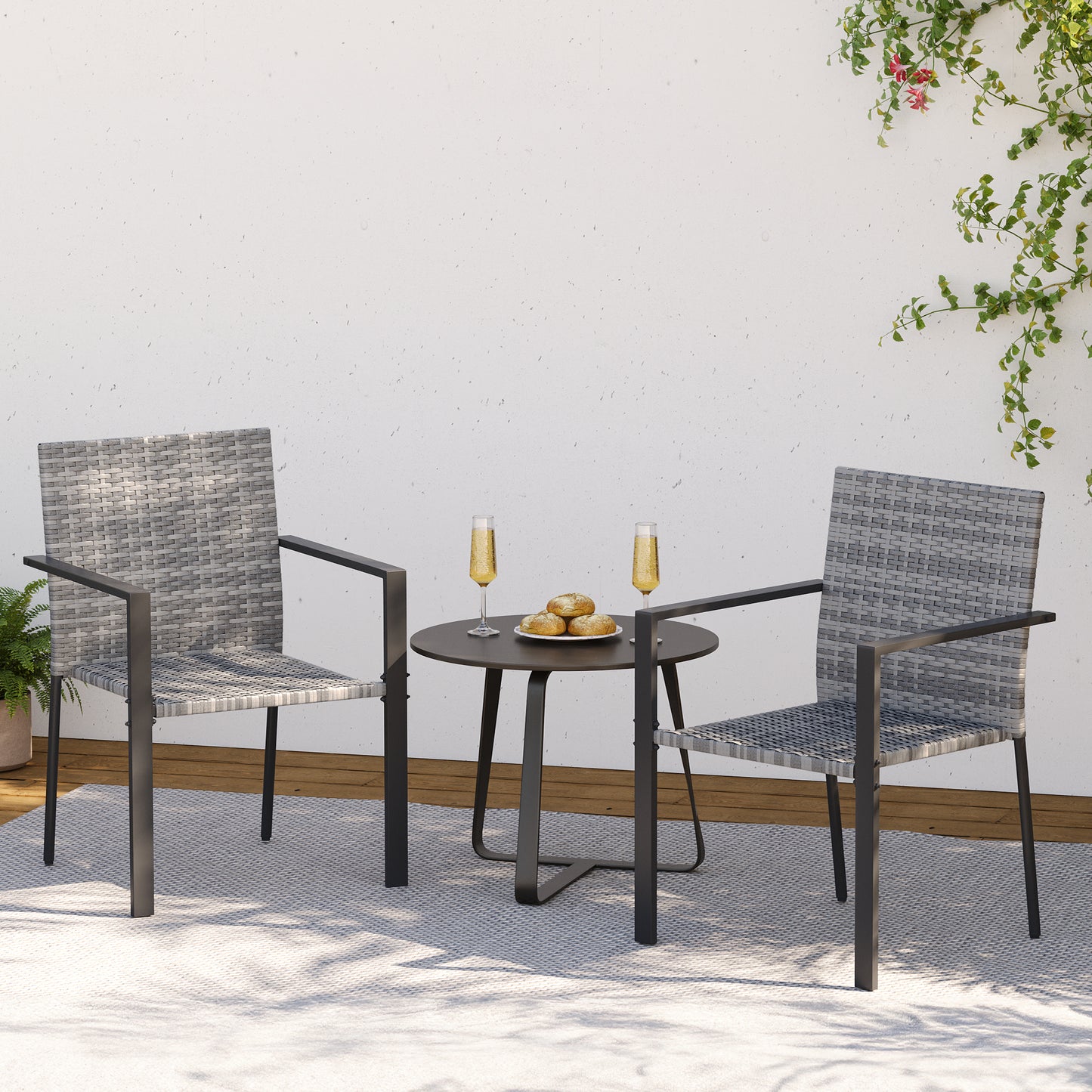 Amopatio Stackable Wicker Chairs, Patio Dining Chairs Set of 2, All-Weather Breathable Outdoor Dining Chair, Steel Frame, Armchair w/Armrests, for Garden, Porch, Deck, Poolside, Fire Pit, Gray