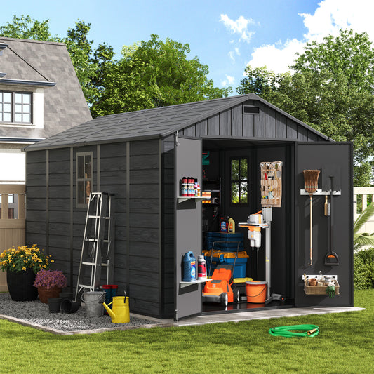 Amopatio Outdoor Storage Shed with Floor,8x10 FT Lockable Plastic Tool Shed with Ventilation,Waterproof Resin Garden Sheds for Backyard,Patio,Lawn and Bike Dark Grey