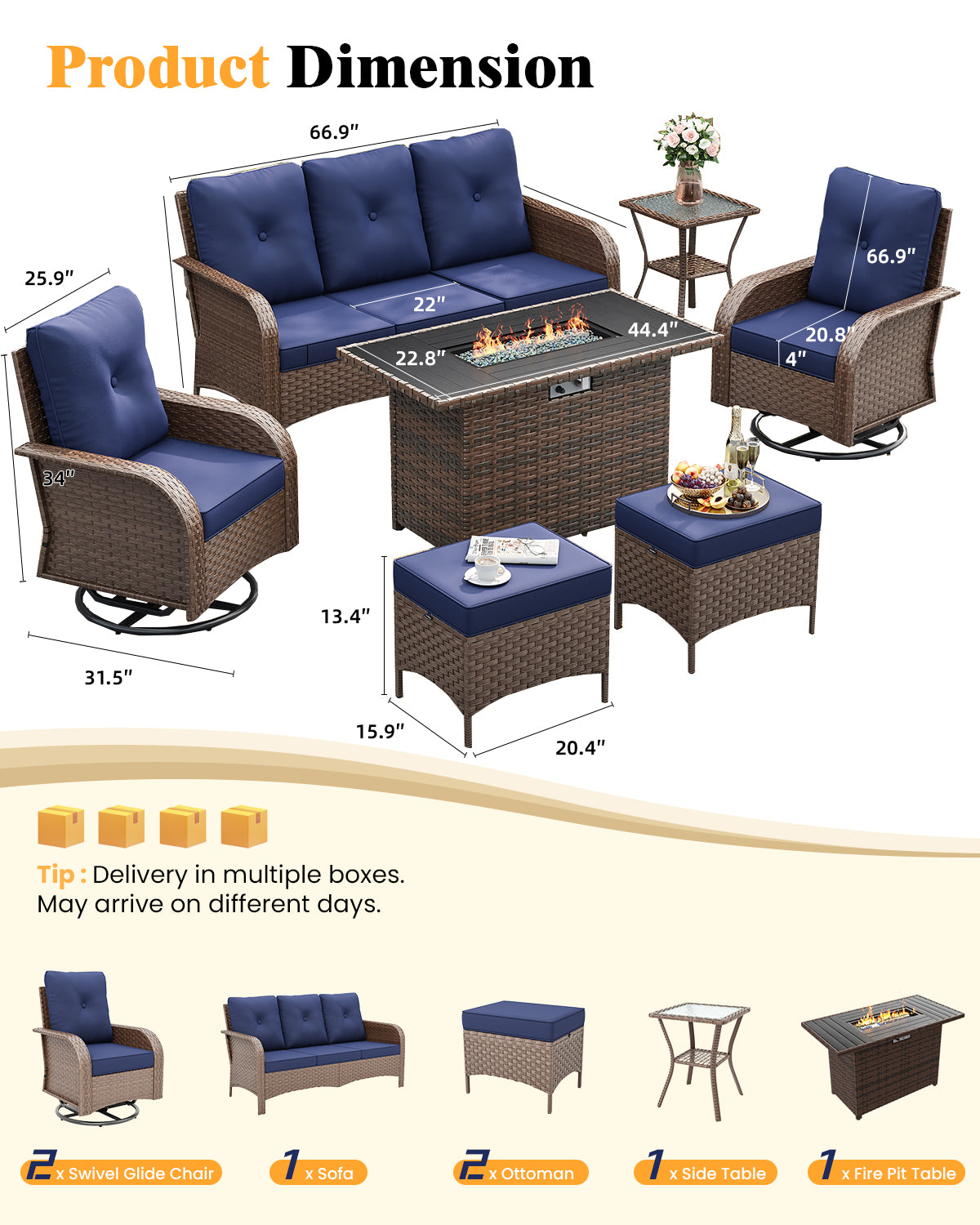 Amopatio 7 Pieces Outdoor Patio Furniture Set with Fire Pit Table, Wicker Swivel Rocker Chairs Sets