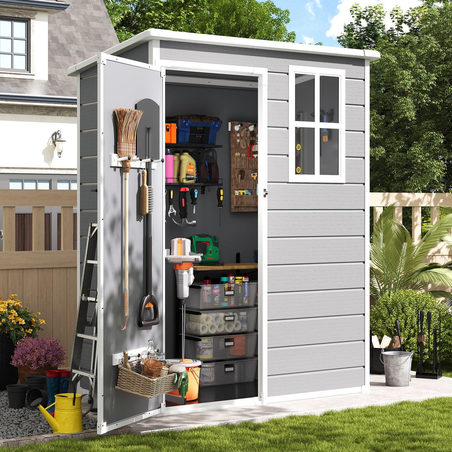 Amopatio Outdoor Storage Shed with Floor,5x3 FT Lockable Plastic Tool Shed with Ventilation,Waterproof Resin Garden Sheds for Backyard,Patio,Lawn and Bike Grey