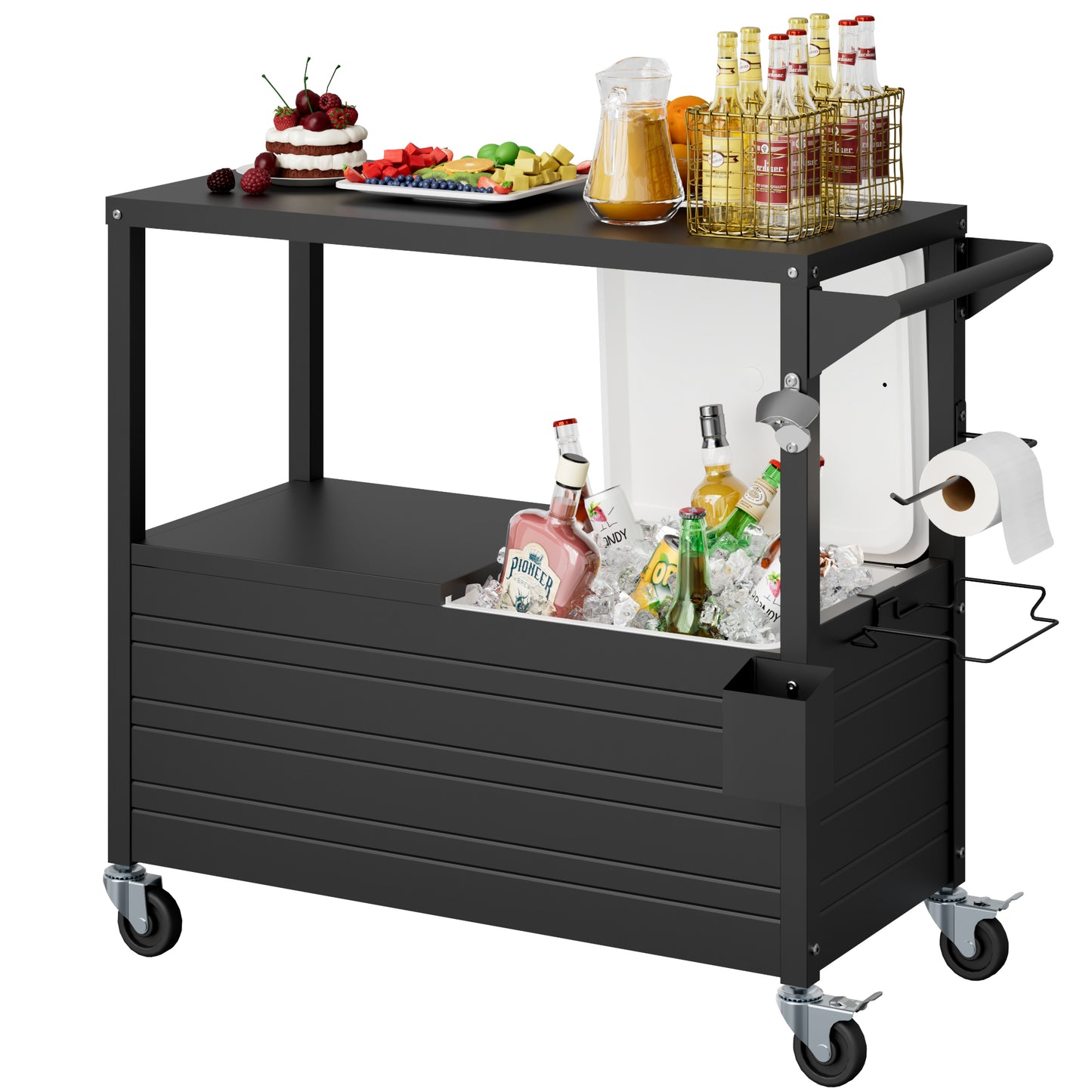 80QT Rolling Ice Chest with Tabletop, Insulated Cooler Cart with Wheels, Outdoor Kitchen Prep Station & Drink Cooler for Patio, BBQ, Camping, Black