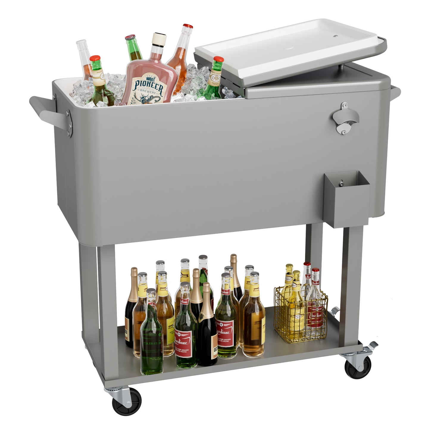 80 Quart Rolling Ice Chest Cooler Cart with Shelf, Heavy Duty Insulated Cooler Box on Wheels with Drain Plug, Weather Resistant Outdoor Party BBQ Drink Cart