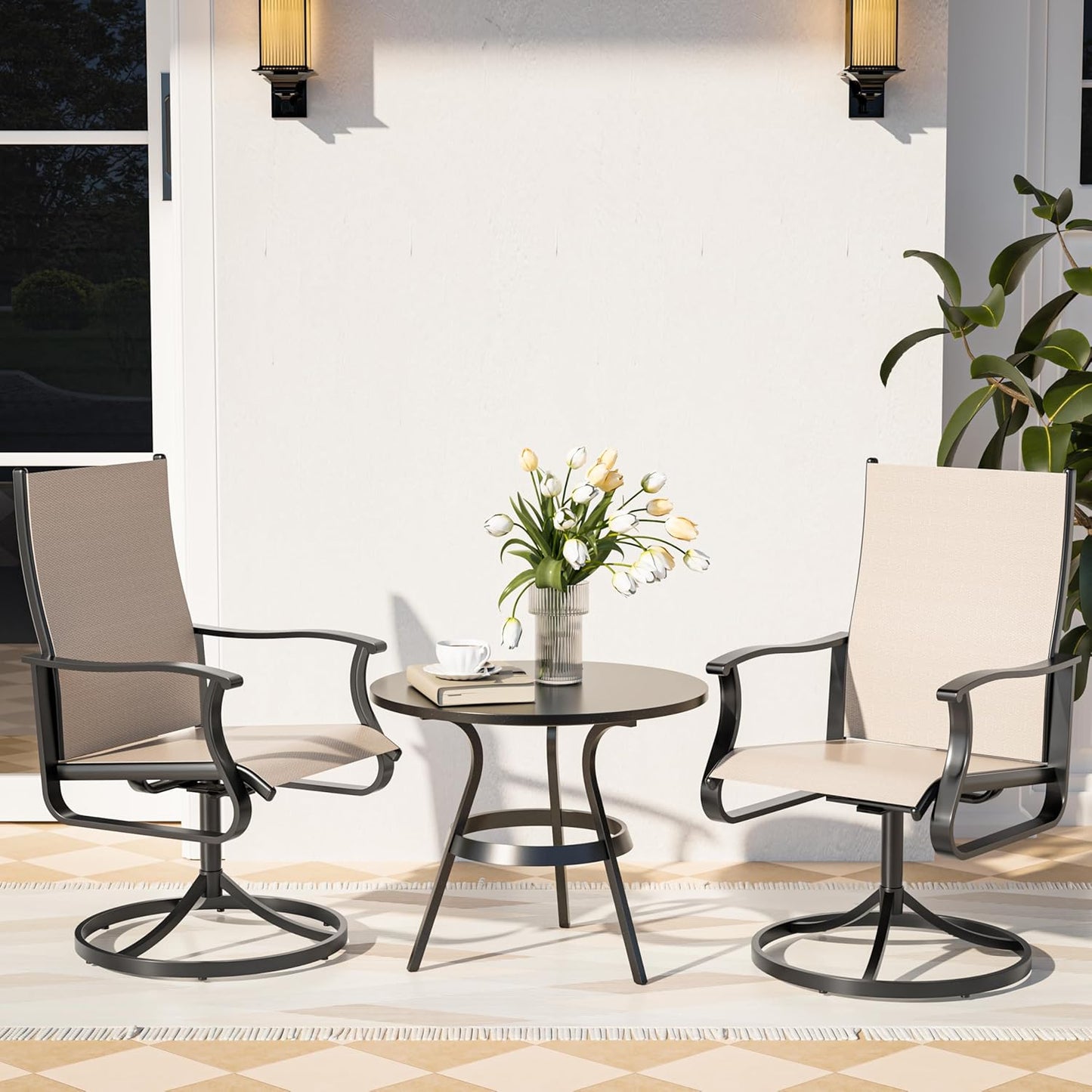 Amopatio Outdoor Patio Swivel Dining Chairs Set of 2, 360° Swivel Outdoor Chairs, All Weather Outdoor Swivel Chairs with Textilene Mesh and Rust-Proof Steel Frame, for Backyard, Garden & Porch, Beige