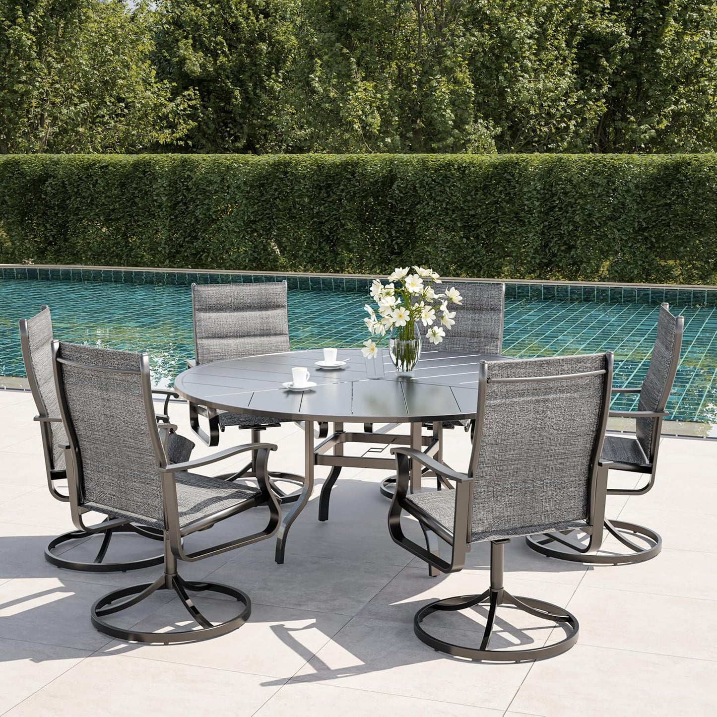 Amopatio Outdoor Patio Swivel Dining Chairs Set of 6, 360° Swivel Patio Chairs, All Weather Outdoor Swivel Chairs with Textilene Mesh and Rust-Proof Steel Frame, for Backyard & Porch, Dark Gray