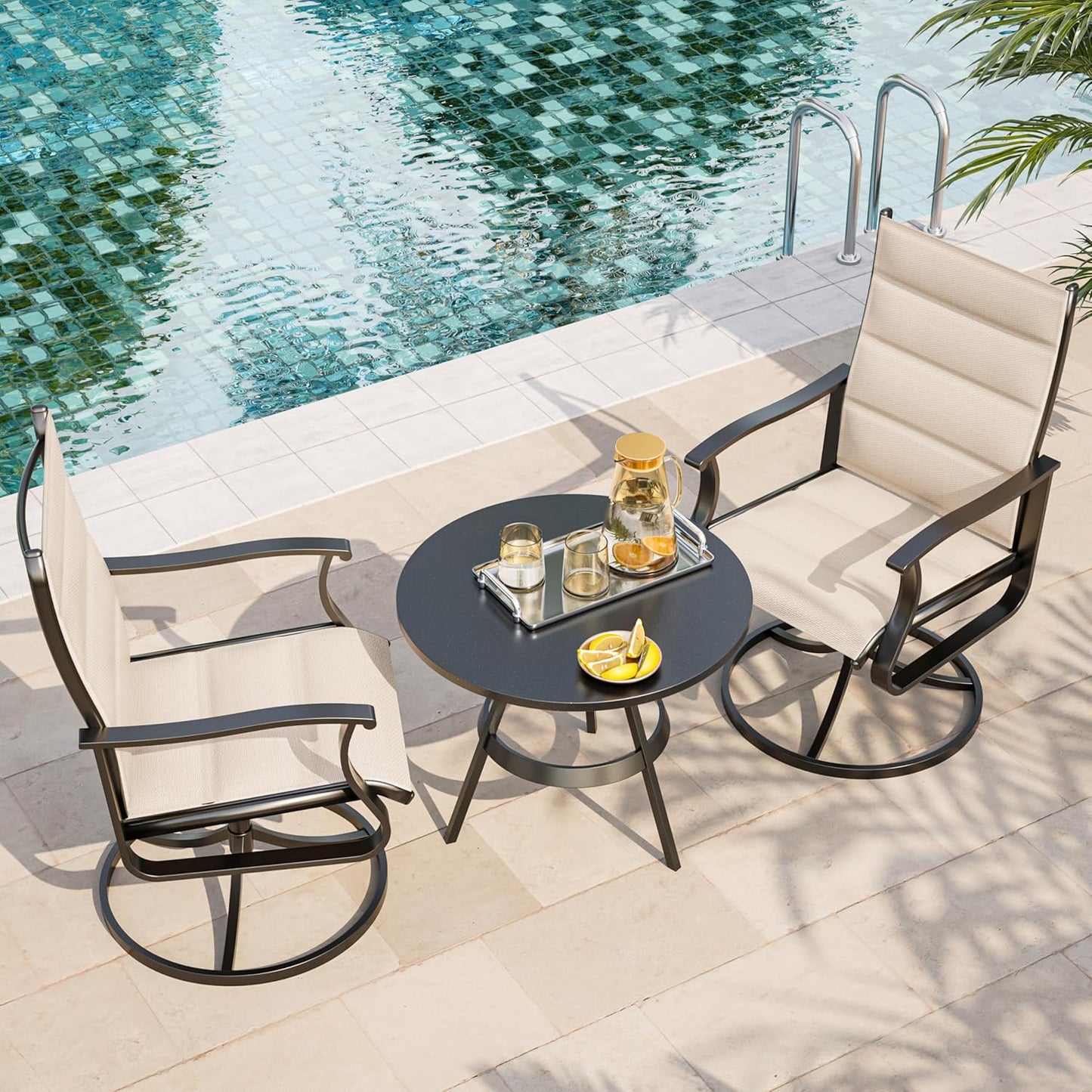 Amopatio Outdoor Patio Swivel Dining Chairs Set of 2, 360° Swivel Patio Chairs, All Weather Outdoor Swivel Chairs with Textilene Mesh and Rust-Proof Steel Frame, for Backyard & Porch, Beige