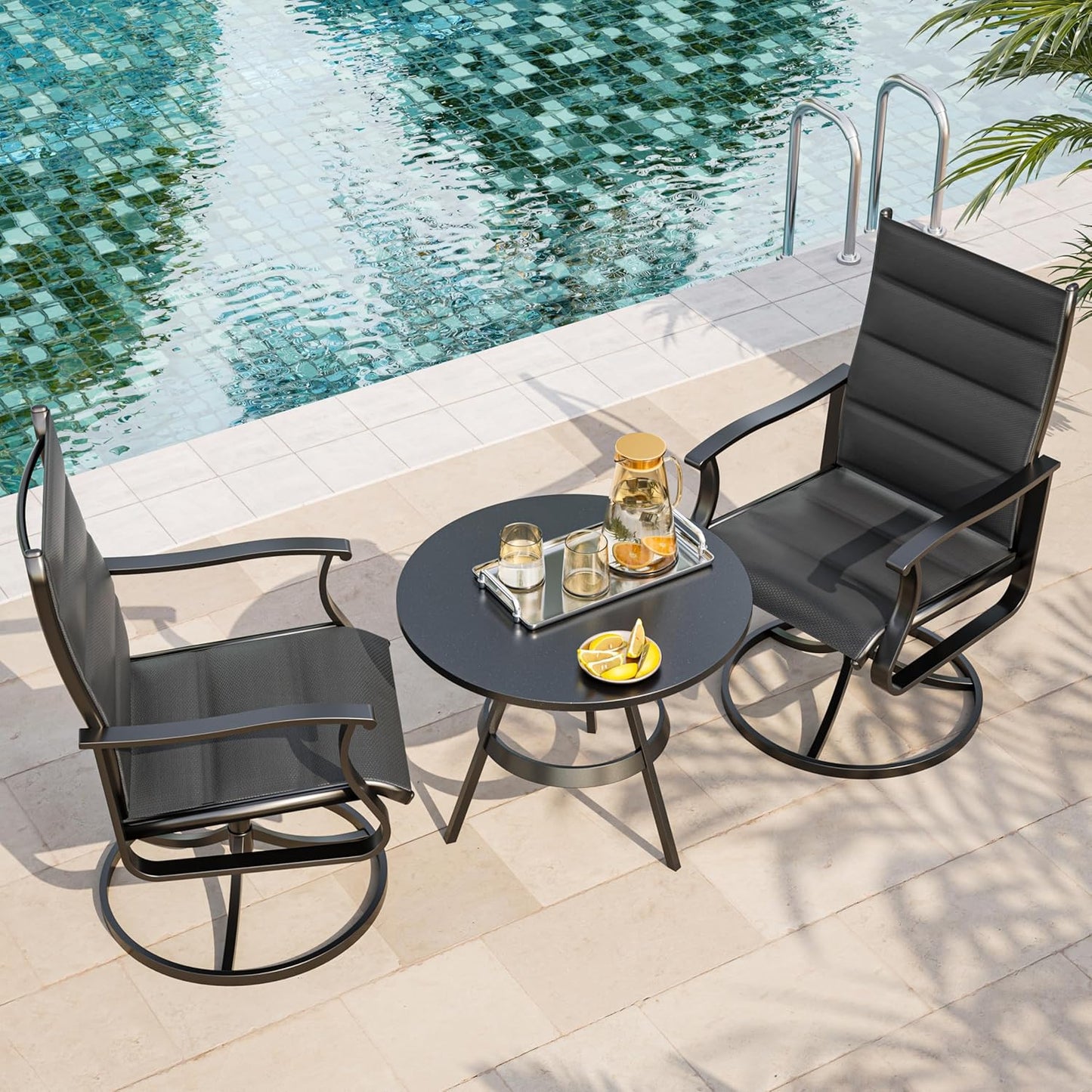Amopatio Outdoor Patio Swivel Dining Chairs Set of 2, 360° Swivel Patio Chairs, All Weather Outdoor Swivel Chairs with Textilene Mesh and Rust-Proof Steel Frame, for Backyard & Porch, Black