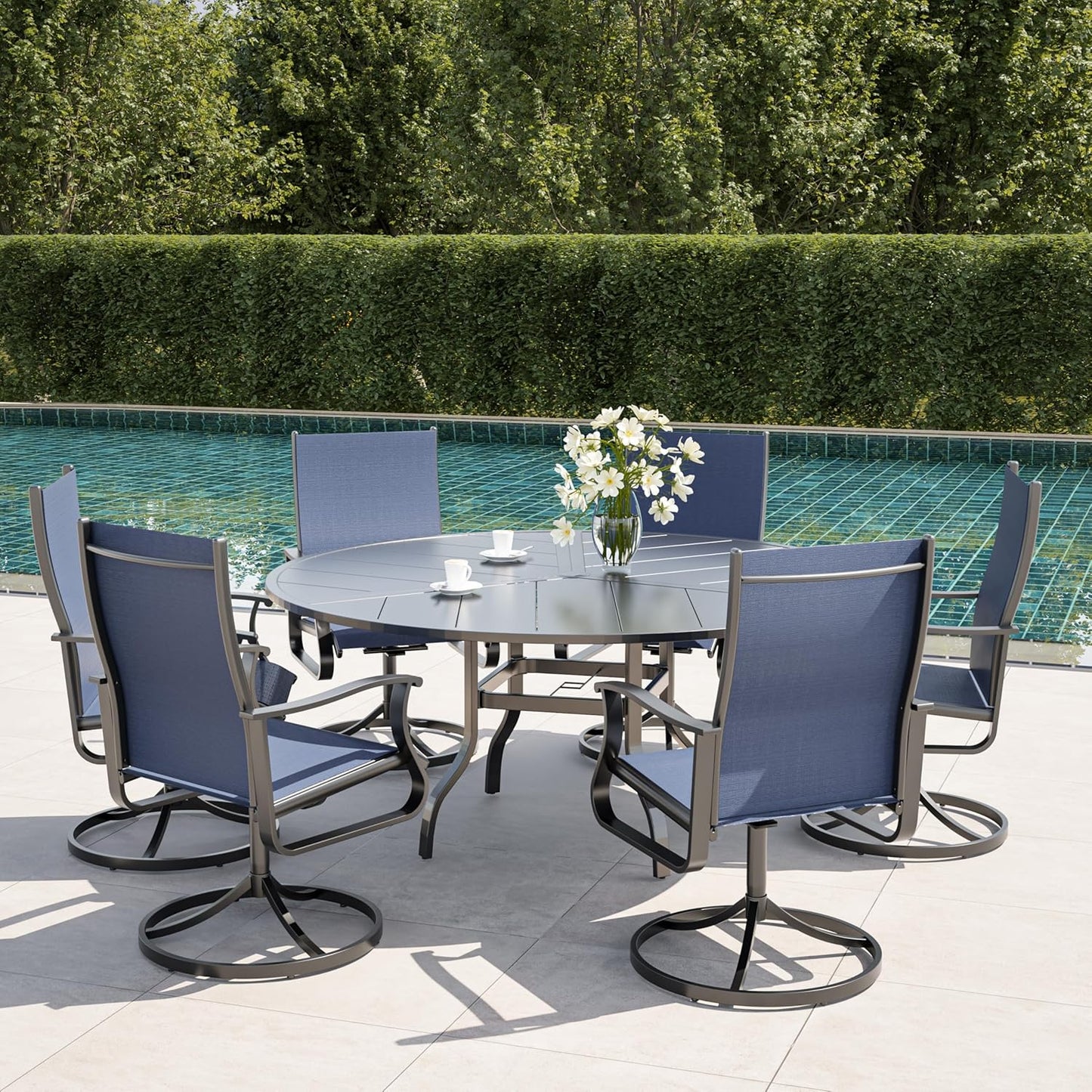 Amopatio Outdoor Patio Swivel Dining Chairs Set of 6, 360° Swivel Outdoor Chairs, All Weather Outdoor Swivel Chairs with Textilene Mesh and Rust-Proof Steel Frame, for Backyard & Porch, Navy Blue