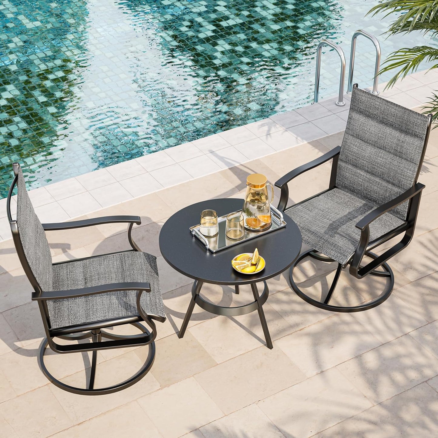 Amopatio Outdoor Patio Swivel Dining Chairs Set of 2, 360° Swivel Patio Chairs, All Weather Outdoor Swivel Chairs with Textilene Mesh and Rust-Proof Steel Frame, for Backyard & Porch, Dark Gray