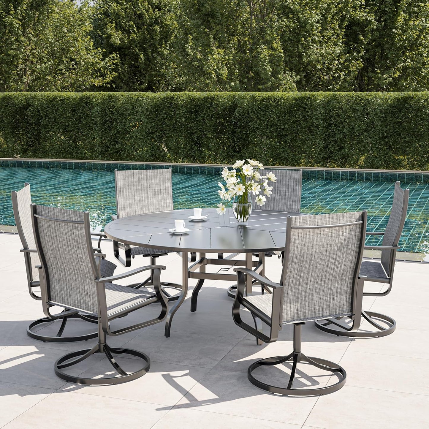 Amopatio Outdoor Patio Swivel Dining Chairs Set of 6, 360° Swivel Outdoor Chairs, All Weather Outdoor Swivel Chairs with Textilene Mesh and Rust-Proof Steel Frame, for Backyard & Porch,Grayish White
