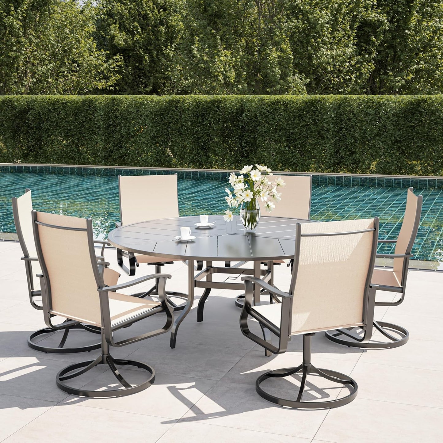 Amopatio Outdoor Patio Swivel Dining Chairs Set of 6, 360° Swivel Outdoor Chairs, All Weather Outdoor Swivel Chairs with Textilene Mesh and Rust-Proof Steel Frame, for Backyard, Garden & Porch, Beige