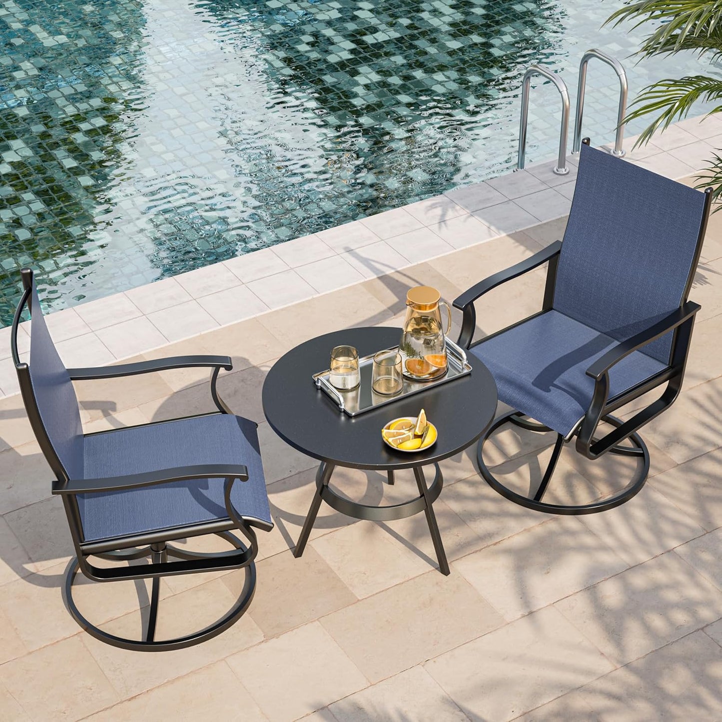 Amopatio Outdoor Patio Swivel Dining Chairs Set of 2, 360° Swivel Outdoor Chairs, All Weather Outdoor Swivel Chairs with Textilene Mesh and Rust-Proof Steel Frame, for Backyard & Porch, Navy Blue